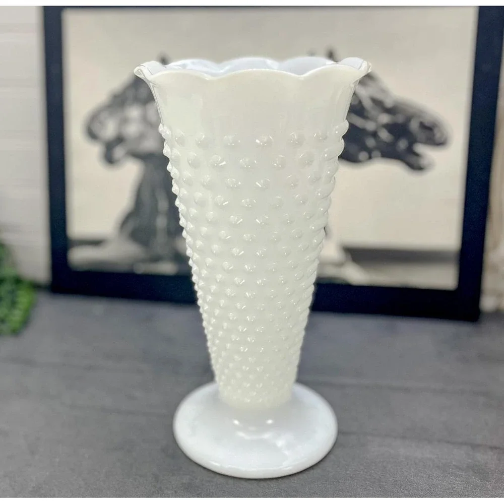 Vintage Anchor Hocking Hobnail Milk Glass Vase - Pedestal Planter
